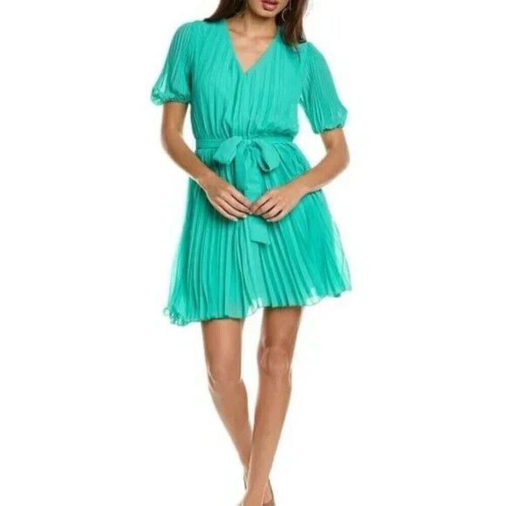 Sam Edelman Tie Belt Long Sleeve Plisse Mini dress, Turquoise size 4 NWT BD